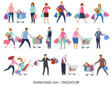 Colección de personas con bolsas de compras y carros. Gran venta, descuento, banner publicitario, afiche promocional. Hombres y mujeres que participan en la venta de temporada en tiendas, tiendas y centros comerciales. Ilustración vectorial plana.