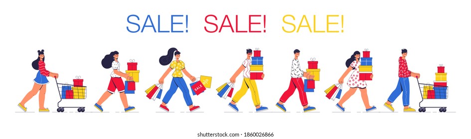 Collection of people with shopping bags and carts. Big sale and discount. Men and women taking part in seasonal sale at store, shop, mall. Cartoon characters isolated. Flat vector illustration.