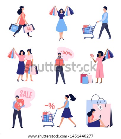 Collection of people with Shopping Bags and Carts. Big sale, up to 50%  Discount, Advertising Banner, promo Poster. Vector illustration.
