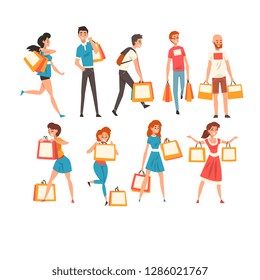 Collection of people with shopping bags, men and women enjoying shopping and purchasing of goods or gifts vector Illustration