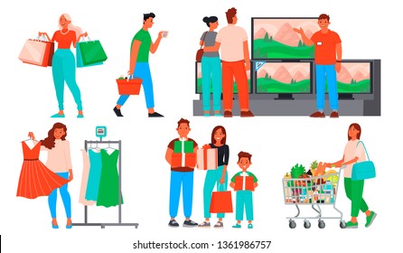 Collection of people shopping. Men and women buy clothes and groceries, gifts and household appliances in shops and malls. Seasonal sale and big discounts. Vector illustration in flat style