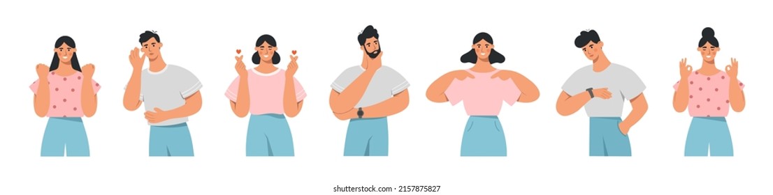 Collection Of People Showing Various Type Gestures. Ok Sign, Man Thinking, Listening, Checking Time, Woman Pointing To Herself, Love Gesture, Victory Or Success. Flat Vector Illustration.