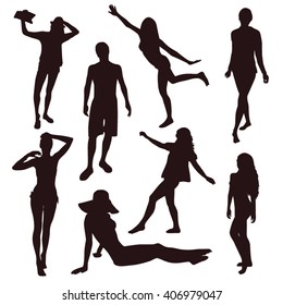 Collection of people silhouettes. People on the beach.