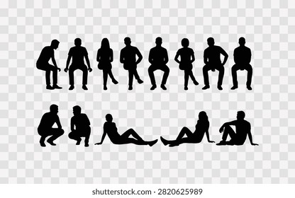 Collection of people silhouettes sitting and crouching in various poses