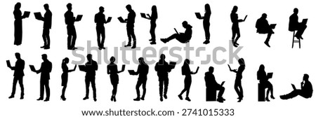 Collection of people silhouettes using laptops in different standing and sitting poses. Men and women working, studying and communicating online. Black flat vector silhouettes isolated on white background. Remote work and digital lifestyle concept.