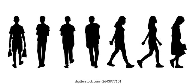 Collection people silhouettes walking, Men and women vector on white background
