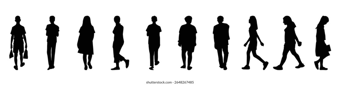 Collection people silhouettes walking, Men and women vector on white background, Isolate shape group girl and boy, Shadow different human illustration