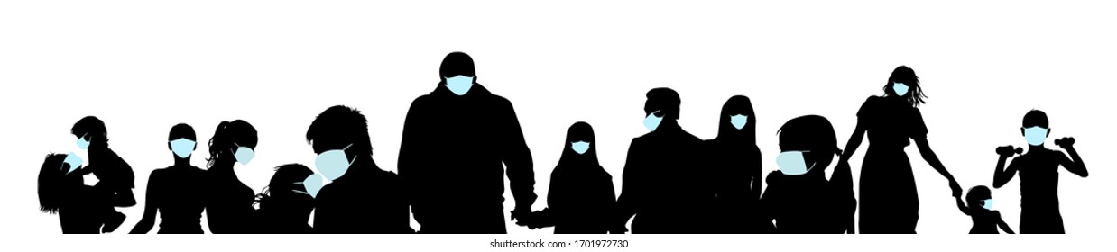 Collection of people silhouettes wearing medical masks preventing air pollution and virus , vector illustration