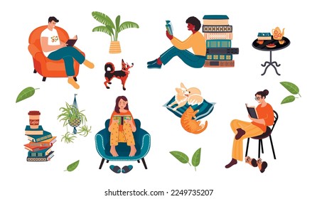 Collection of people sitting in armchairs and reading books.Male and female with storybooks,cat,dogs,house plants,table,coffee.Vector clip art set isolated on white.Readers concept.Flat illustration.