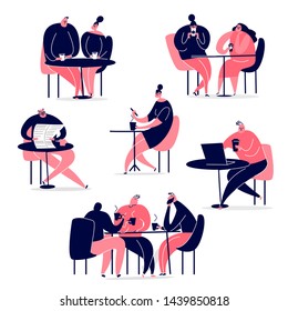 Collection of people sitting in cafe and drinking tea or coffee. Vector illustration