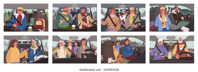 Collection of people sitting in cars driving. Winter road trip of friends and romantic couple. Man traveling alone in car. Holidays celebration in automobile Character sitting in vehicles. Vector flat