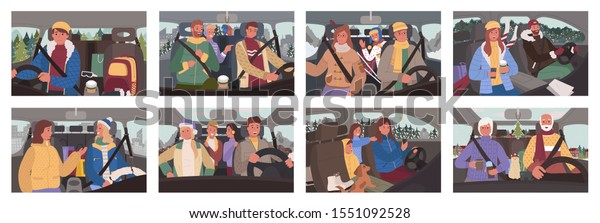 Collection of people sitting in cars driving. Winter\
road trip of friends and romantic couple. Man traveling alone in\
car. Holidays celebration in automobile Character sitting in\
vehicles. Vector\
flat