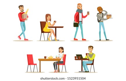 Collection of People Sitting at Tables, Drinking Coffee or Tea at Cafe, Visitors Buying Desserts, Baguette and Drinks at Bakery Shop or Confectionery Vector Illustration