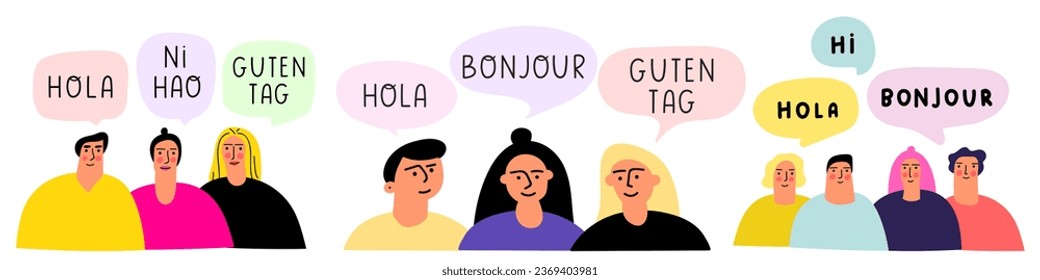 Collection of people speaking in different languages. Hola, hi, bonjour -  it's greeting in Spanish, English and French. Flat design. Hand drawn illustrations on white background.