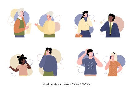 Collection people speaking on mobile phone. Dialog, talking and communication of men, women and kids via smartphone. Flat vector illustrations isolated on a white background.