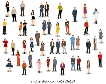 Collection of people stand, female male children, flat style, isometric people, vector illustration