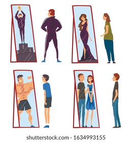 Collection of People Standing in Front of Mirrors Looking at Their Reflection and Imagine Themselves as Successful, Ordinary Men and Woman Seeing Themselves Differently in Mirror Vector Illustration