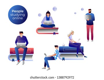 Collection of people studying online, surfing internet on their laptop and tablet computers. E-learning. Set of men and women spending time online isolated on white background. vector illustration. 