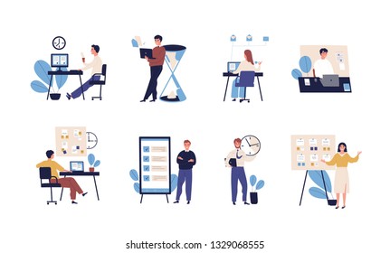 Collection of people successfully organizing their tasks and appointments. Set of scenes with efficient and effective time management and multitasking at work. Flat cartoon vector illustration.