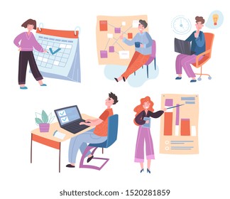 Collection of people successfully organizing their tasks and appointments. Set of scenes with efficient and effective time management and multitasking at work. Flat cartoon vector illustration.