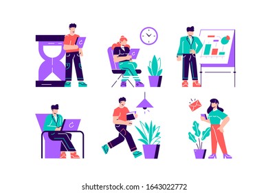 Collection of people successfully organizing their tasks and appointments. Set of scenes with efficient and effective time management and multitasking at work. Flat style cartoon vector illustration