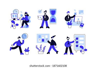 Collection of people successfully organizing their tasks and appointments. Set of scenes with efficient and effective time management and multitasking at work. Flat cartoon vector illustration.