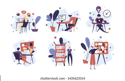 Collection of people successfully organizing working process on a laptop. Set of scenes with efficient and effective time management and multitasking at work.Flat cartoon vector illustration.Blue skin