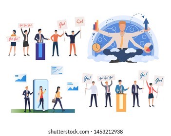 Collection of people supporting successful candidate. Group of people voting for politician, using gadgets. Flat colorful vector illustration for promo, poster, new placard