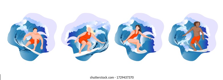 A collection of people in swimwear surfing in the sea or ocean. Direct goal set. Bundle of happy surfers in beachwear with surfboards isolated on a white background. Colorful flat cartoon vector illu