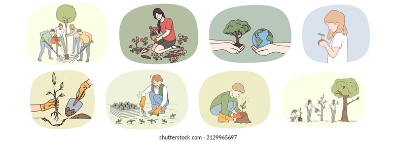 Collection of people take care of plant grow seedlings into trees. Set of volunteers growing greenery. Concept of planet earth and nature conservation. Gardening hobby. Vector illustration. 