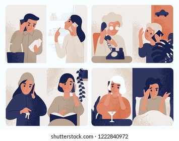 Collection of people talking on mobile phone. Bundle of men and women communicating through smartphone. Set of telephone conversations or dialogues. Color vector illustration in modern flat style.