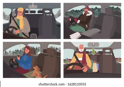 Collection Of People Traveling By Car In Winter Holidays Season. Old Man On Trip With Cat, Female Character With Dog Using Navigation On Smartphone. Bearded Male On Journey Alone, Travelers Vector