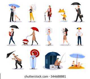 Collection of people with umbrellas of various shape including kids men and women isolated vector illustration    