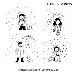 colección de personas bajo la lluvia, contorno de dibujo estilo Vector