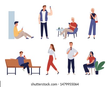 Collection of people using mobile phones or taking selfies. Vector illustration in a flat style