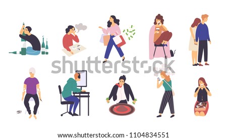 Collection of people with various addictions. Bundle of male and female cartoon characters with different addictive disorders isolated on white background. Colorful vector illustration in flat style