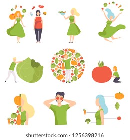 Collection of people with vegetables and fruits, healthy eating, diet, organic vegan food vector Illustration