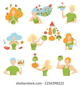 Collection of people with vegetables and fruits, healthy lifestyle, diet, organic vegan food vector Illustration