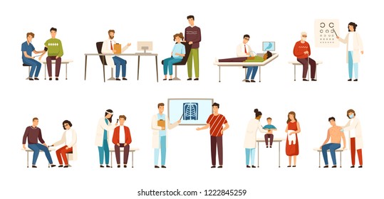 Collection of people visiting various doctors or physicians - therapist, gastroenterologist, ophthalmologist, neurologist, otolaryngologist, surgeon, pediatrician, dermatologist. Vector illustration.