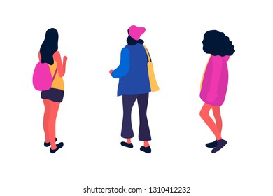 Collection of people walking in the city isolated on white background. Flat vector illustration.