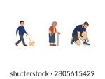 Collection of people walking dog using cane and tying shoelaces vector set illustration.