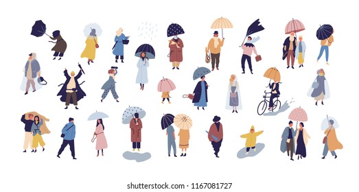 Collection of people walking under umbrella on autumn rainy day isolated on blue background. Crowd of tiny men and women under rain or rainfall. Colorful vector illustration in modern flat style.