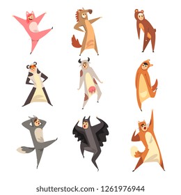 Collection of people wearing animal costumes, men and women in jumpsuits or kigurumis having fun vector Illustration on a white background