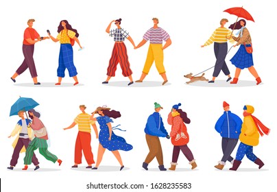 Collection of people wearing different clothes. Couple in warm coats. Male and female in light clothing. Couples walking dog and holding umbrella. Autumn, winter outfits. Seasonal clothes. People walk