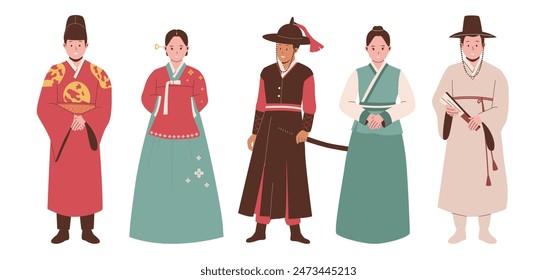 Kollektion von Menschen in koreanischer Tracht. Illustration für Websites, Landingpages, mobile Anwendungen, Poster und Banner. Trendige flache Vektorillustration