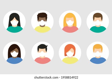 Collection of people wearing protective medical mask icon isolated. Avatars of men and women in protective masks. Vector illustration.