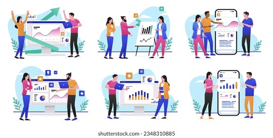 Collection of people working with data and analytics - Team of office characters analysing and working with computer, charts and graphs. Flat design vector illustration with white background