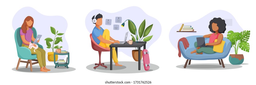 Collection of people working at home. Freelancer, online education or social media concept. Vector illustration.