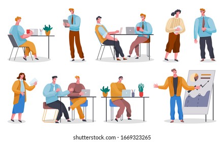 Collection Of People Working On Projects In Office. Set Of Isolated Workers Using Laptops Or Giving Presentation On Meeting. Seminars And Conferences At Work. Businessman And Businesswoman, Vector