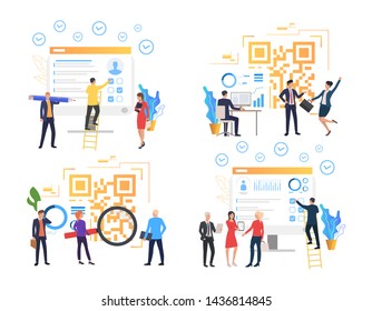 Colección de personas que trabajan en el sitio web. Personas ocupadas analizando códigos de barras y creando páginas de inicio. Ilustración vectorial para promociones, prospectos, comerciales